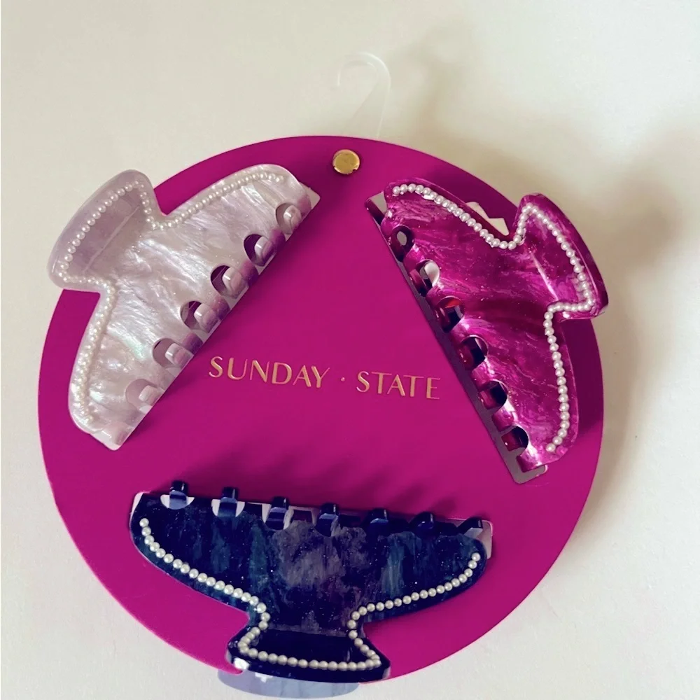 NWT 💙💖 Sunday State Hair claw clips set of 3 embellished with faux pearls